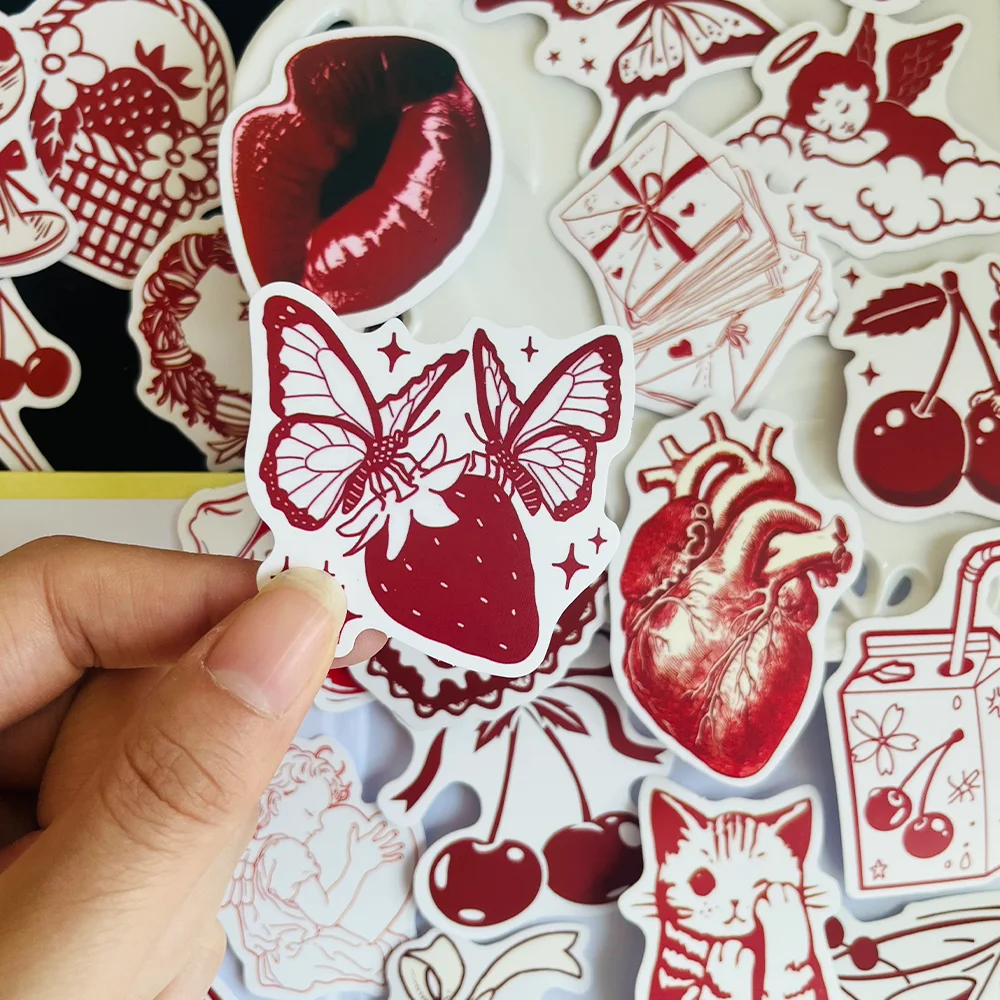 50PCS 빈티지 레드 발렌타인 데이 스티커 DIY 장식 스티커 스크랩북 노트북 수하물 컵 전화 케이스 인기 스티커