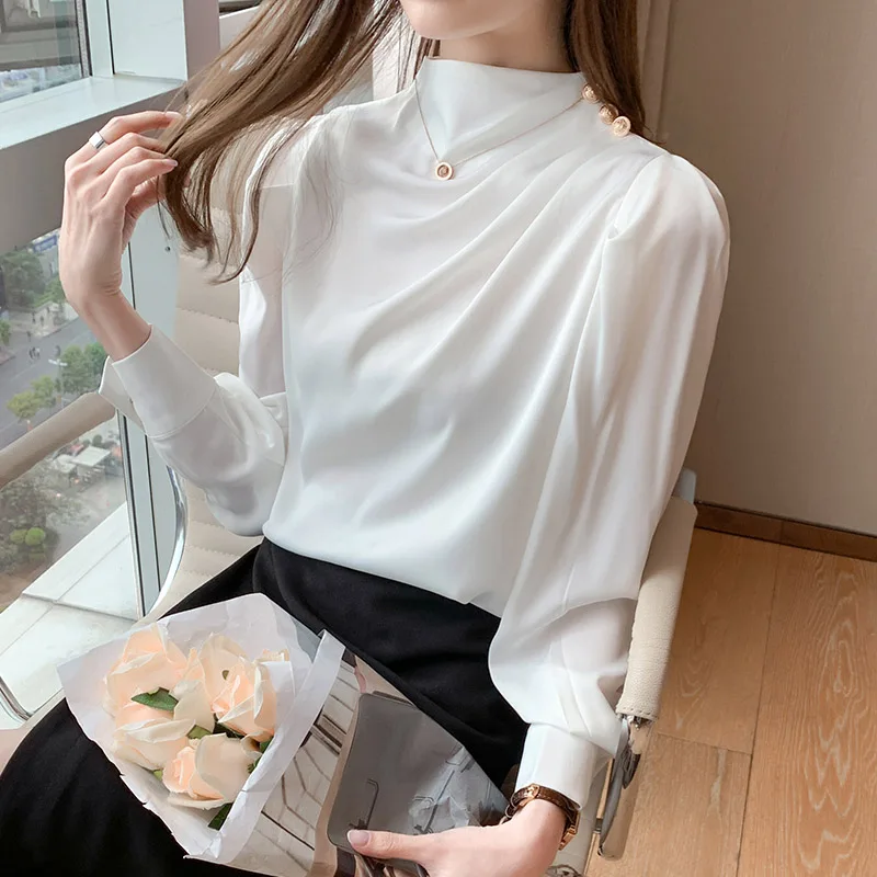 Women Fashion Satin Finish Puff Sleeve Blouses 2024 Spring Autumn New Elegant Chic Button Shirts Lady Solid Color Chiffon Tops
