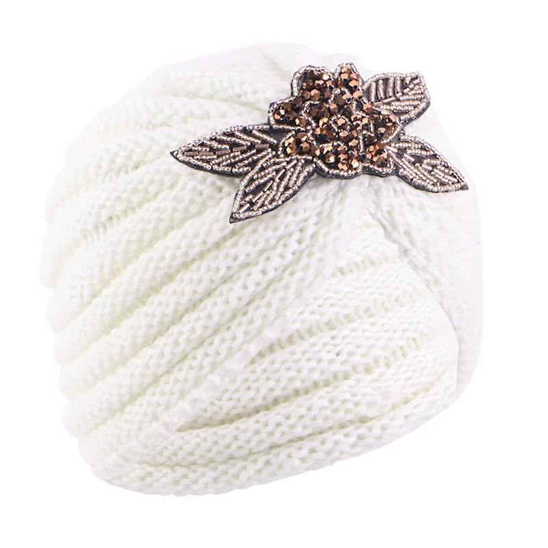 New Women Winter beaded flower knit Hat Autumn Winter Warm Turban Turban Hats Elastic Bonnet Headwrap Bandana Hair Accessories 6