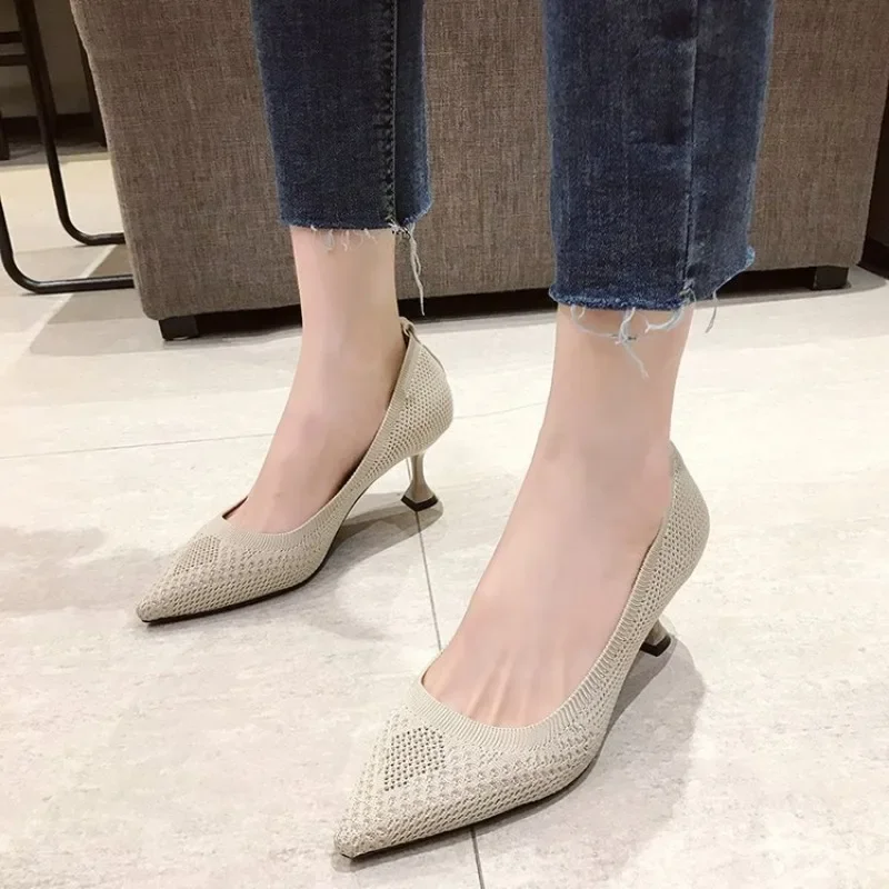 High heels for women with slender pointed heels, 2024 spring/summer autumn new elastic knitted comfortable single shoes 3