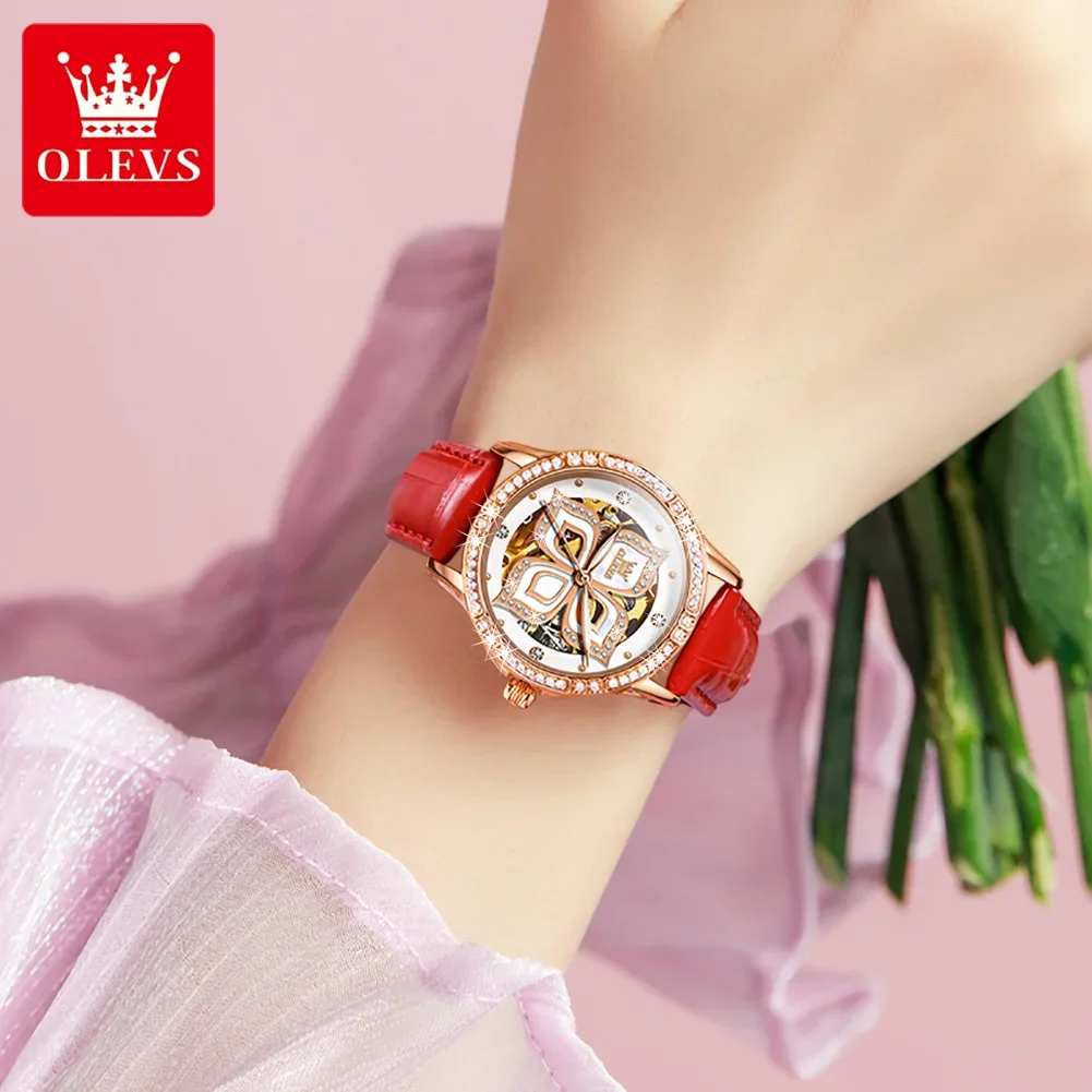 OLEVS Automatic Mechanical Skeleton Watch for Women Luxury Rose Gold Dial Ceramic Strap Diamond Women's Wristwatches Reloj Mujer