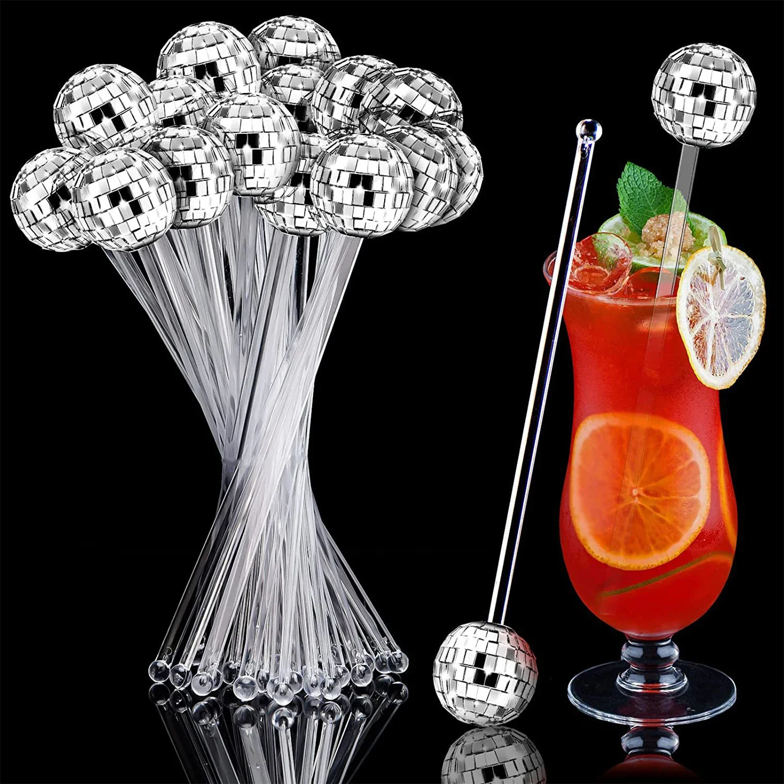 10/24 Pcs Disco Ball Drink Stirrers | Plastic Mini Sparkling Cocktail Stir Sticks | Home Bar, Party & Tumbler Decor