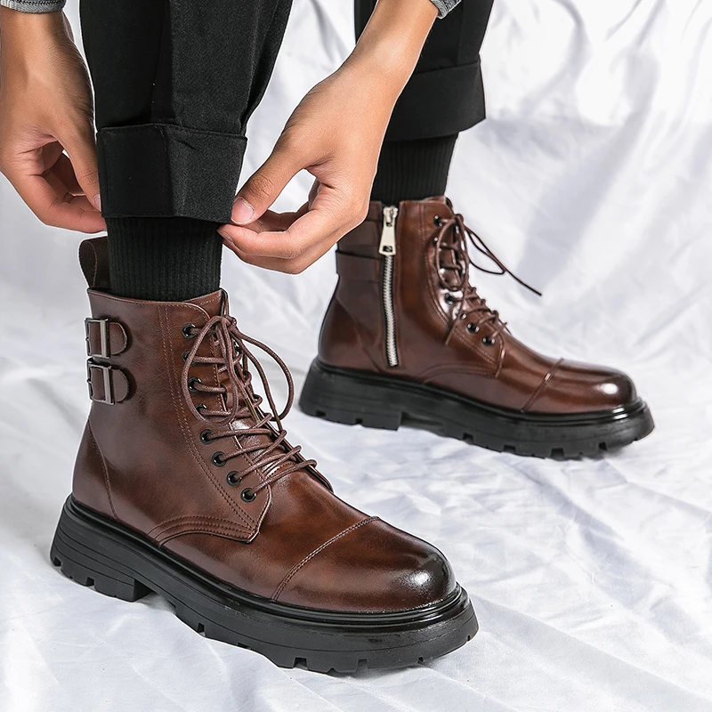 

Мужские кожаные ботинки, коричневые повседневные ботильоны на платформе, деловая обувь, удобные уличные модные ботинки на резиновой подошве для осени и зимы, 2024