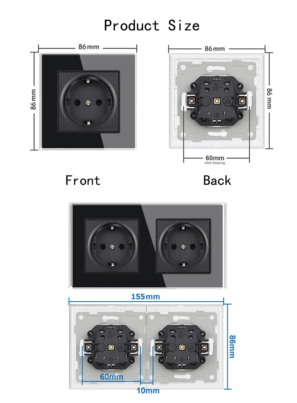 Description Picture 3 of itemEU French DIY Black Crystal Glass Panel 1 2 Gang Wall Switch USB Type C Data Cat6 TV Dimming Socket with Iron Claw for Round Box