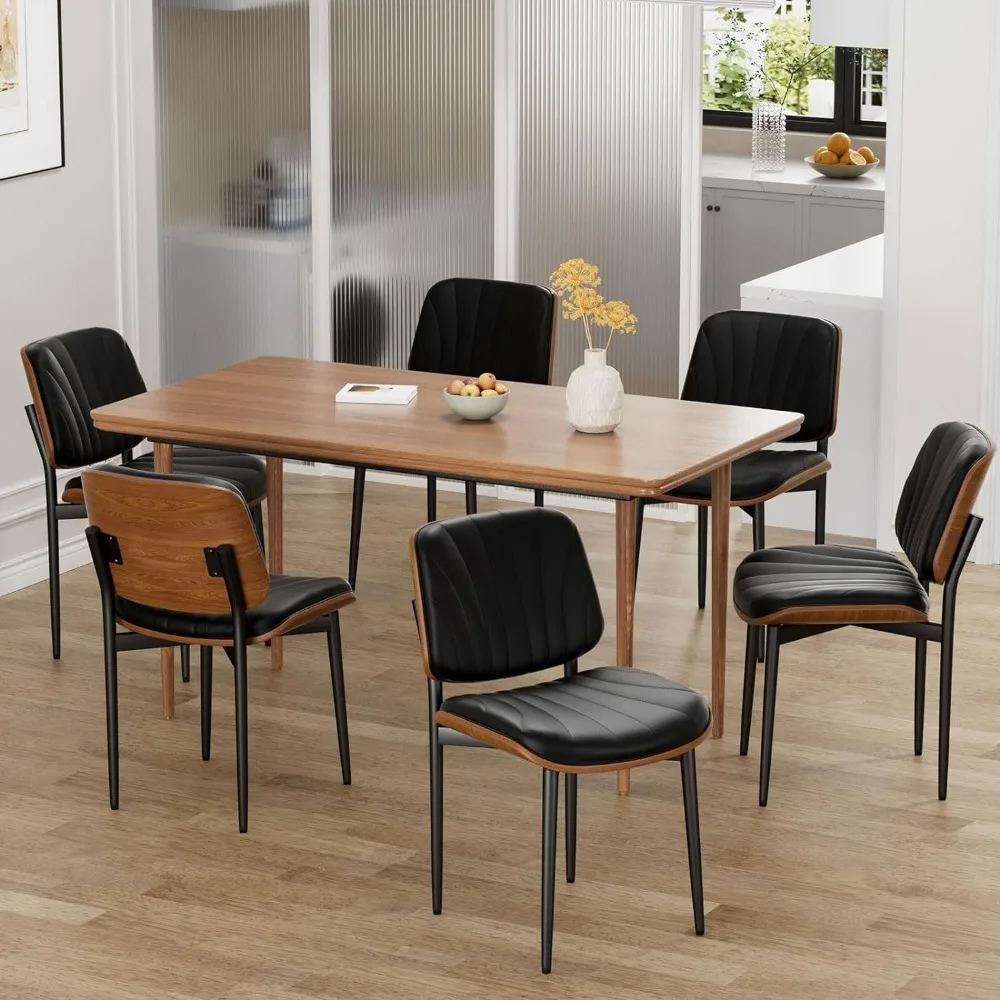 

6Set of Chairs,, Mid-Century Modern Upholstered PU Leather Chairs with Walnut Back and Metal Legs Adjustable restaurant chair