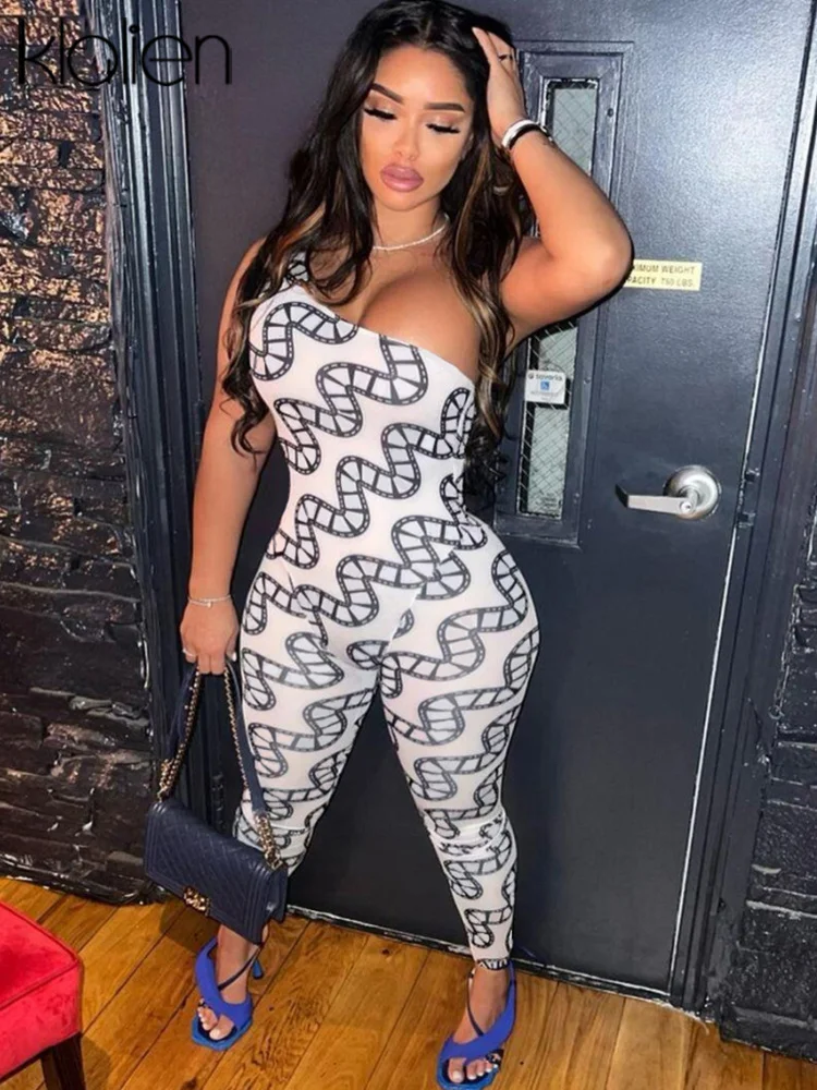 

KLALIEN Elegant Off Shoulder Print Party Evening Jumpsuits for Women Summer Casual Skinny One Piece Overalls Club Streetwear