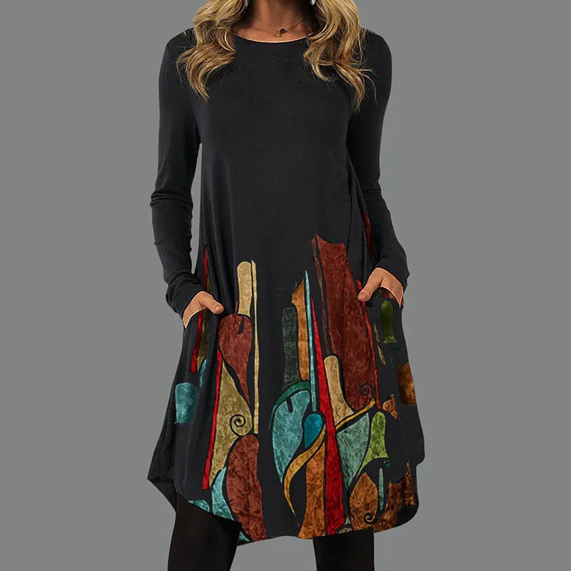 

Vintage Women Pattern Printing A-line Party Dress Spring Fall O-neck Long Sleeve Mid Dress Elegant Office Lady Pocket Vestidos