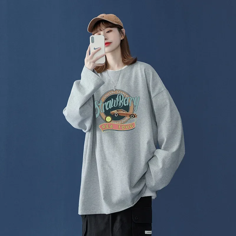 Women Autumn Winter O-Neck Cotton Sweatshirts Leisure Straight Long Sleeve Tops Fashion Letter Printed Loose Casual Pullovers