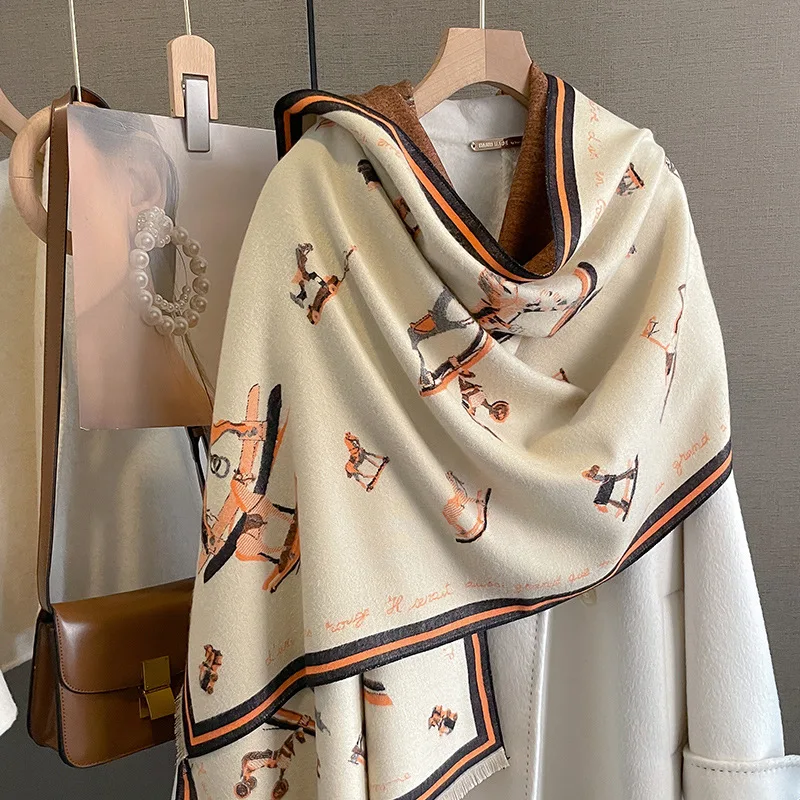 

New Luxury Horse Print Cashmere Scarf Women Large Thick Wraps Shawls Outdoor Autumn Winter Lady Warm Pashmina Bufandas Travel