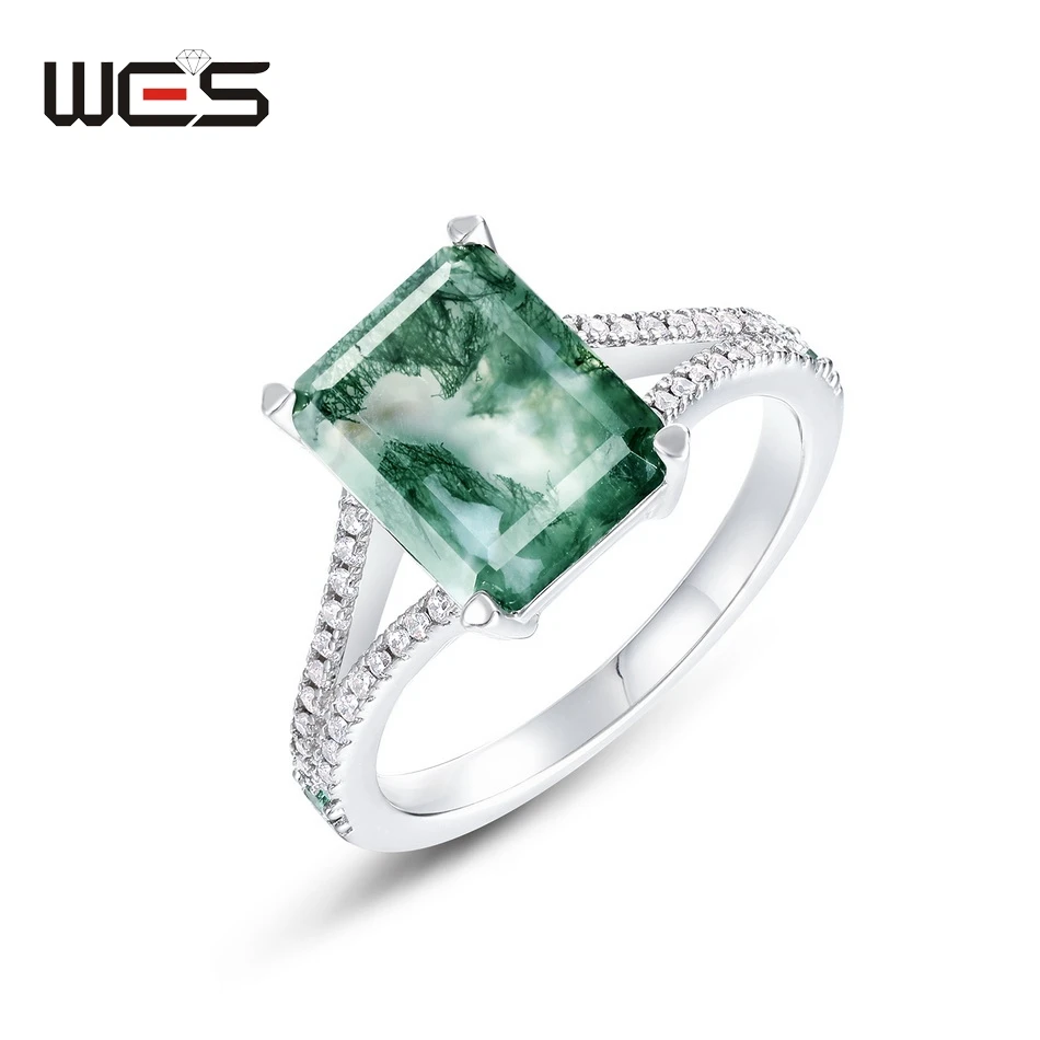 

WES 100% 925 Sterling Silver Original 8*10mm Moss Agate Rings For Woman Friends Wedding Birthday Christmas Gifts Fine Jewelry