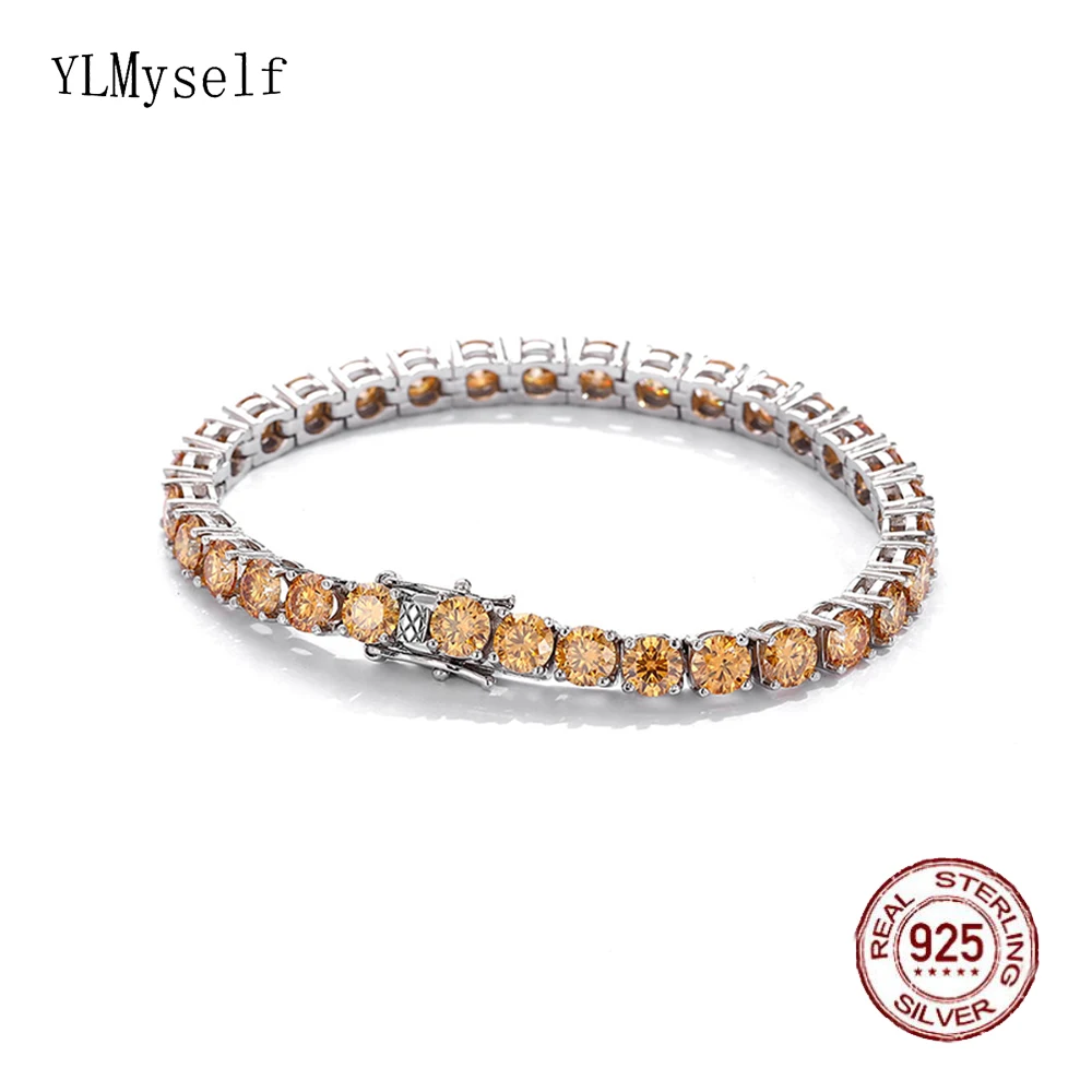 Bracciale Tennis In Argento Massiccio 925 Pave Real 3Mm/4Mm Champagne Moissanite Diamond Hiphop Rock Chain Gioielleria Raffinata Per Uomo/Donna