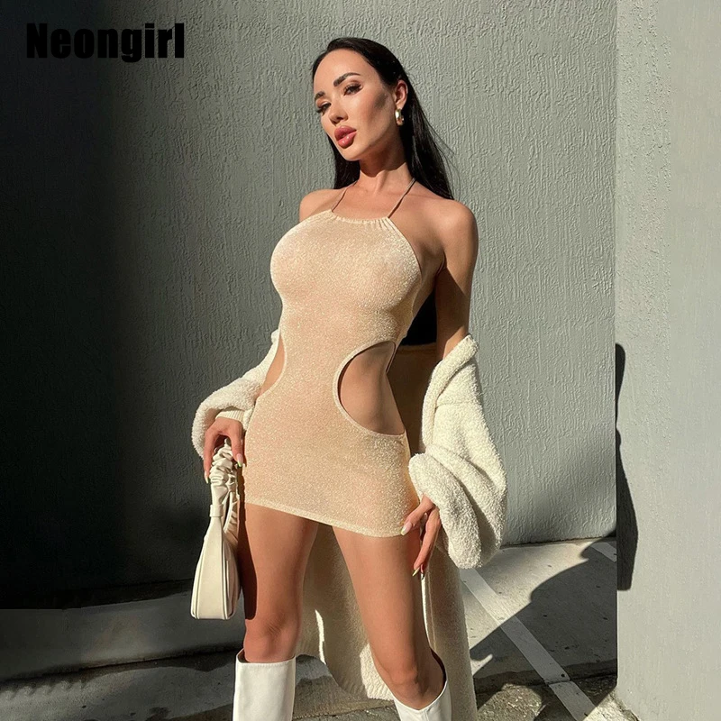 

OrangeG Halter Nude Mini Dress Women Sleeveless Sheath Waist Hole Sexy Clubwear Sleeveless Sparkle Shine Outwear Stylish Clothes