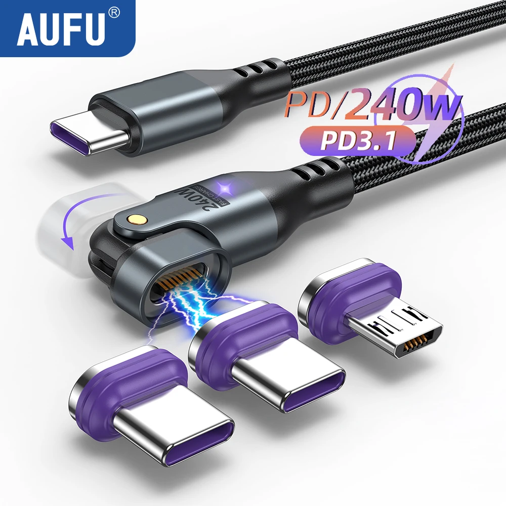 AUFU 16pin 180 Rotate Magnetic Cable 240W Fast Charging Micro USB Type C Cable For iPhone Xiaomi Samsung Magnet USB Phone Cable