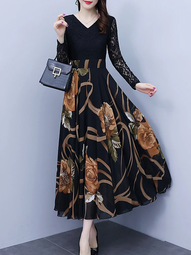 

Lace Chiffon Women Long Sleeve Dress 2023 Spring Autumn Midi Vintage Black Fashion Elegant Bodycon Party Casual Evening Dresses