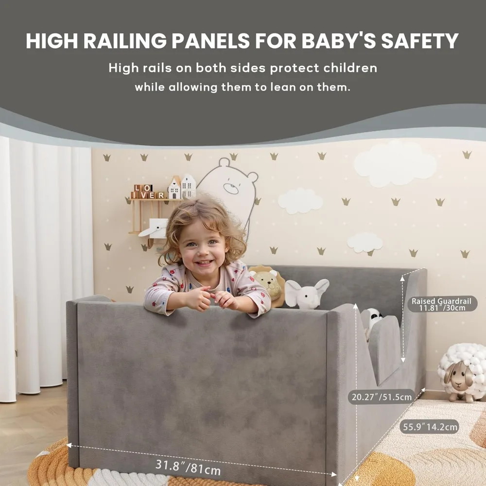Toddler Bed, Toddler Floor Bed Frame with Guard Rails, Small Bed for Kids Boys and Girls, Standard Crib Mattress Toddler Beds 5