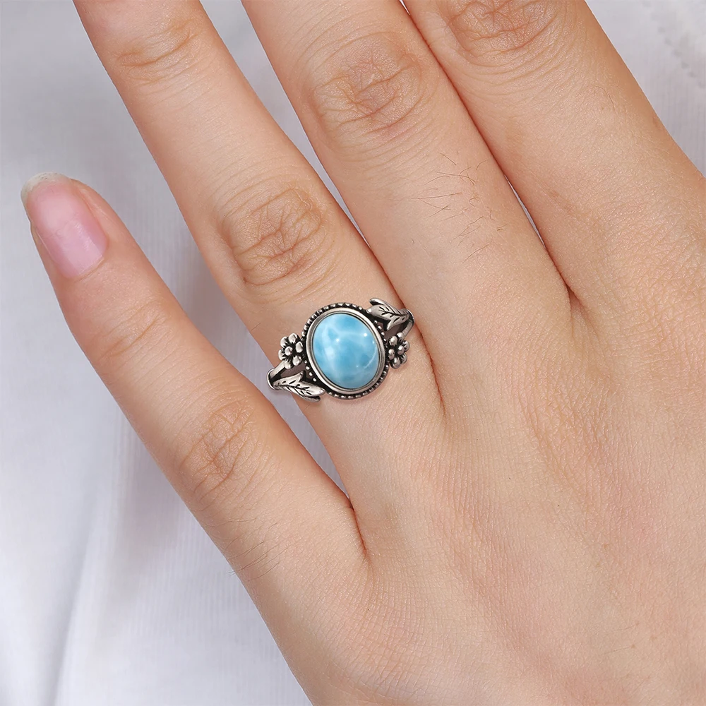 Vintage 925 Silver Ring With Natural Oval 8X10MM Larimar Stone Certified Rings With Plants Bohemian Flower Rings For Women 2