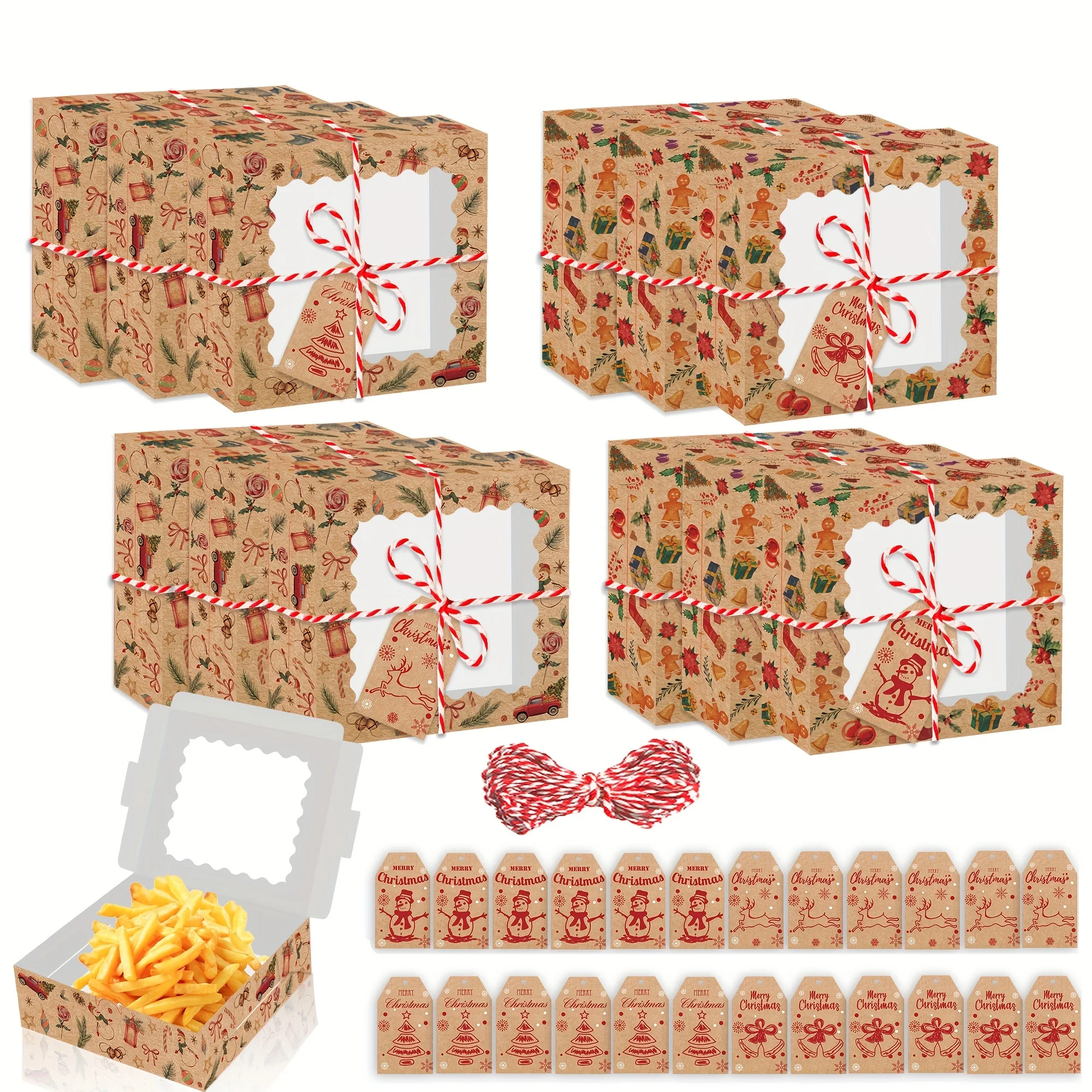 12 Stück Weihnachtsgeschenkboxen mit transparentem Fenster – Schneemann, Lebkuchen für Männer und Socken-Designs – Süßigkeitenschachteln aus Kraftpapier – Detail 3