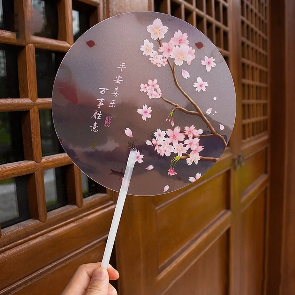 Chinese Style Round Handheld Fan Ancient Long-handled Printed PVC Fan Cheongsam Hanfu Accessories Vintage Photography Props