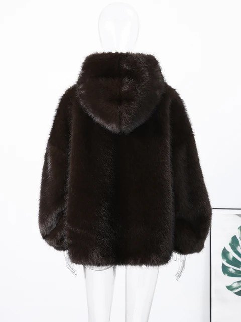 Furry Hooded Faux Fur Coats Women Loose Long Sleeve Warm Brown Pullovers 2025 Autumn Winter Lady Street Fashion Outwear 5