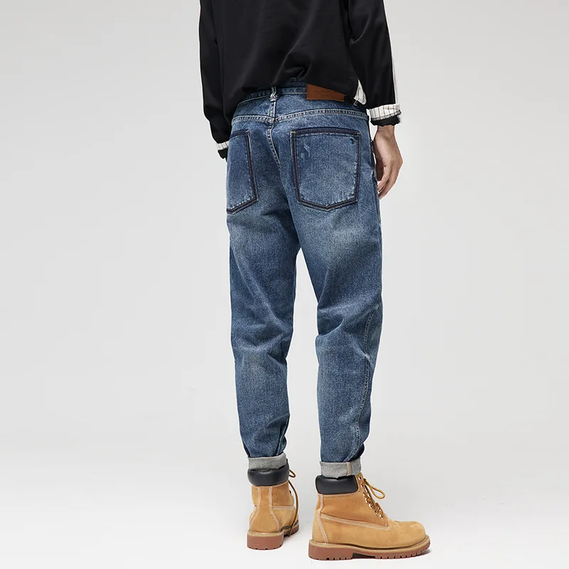 European and American casual washed stretch jeans men's autumn and winter retro denim hit color straight loose pants