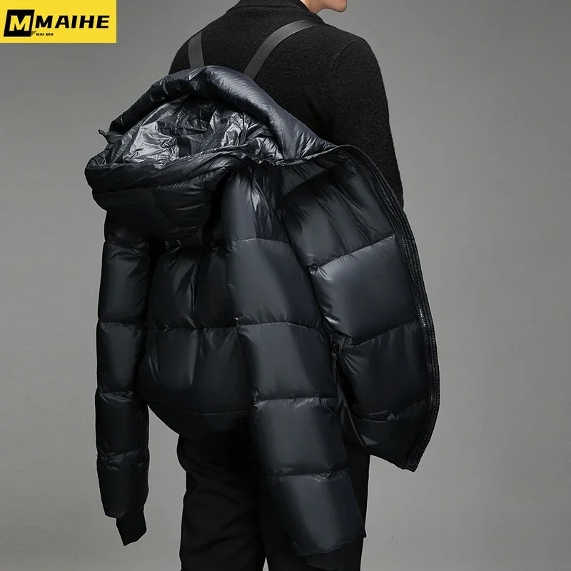 Men's down jacket Short hooded black gold bright Winter jacket Street wear Men women Korean trend ski white goose down coat