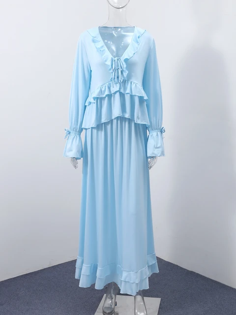 Fashion Women Ruffle Shirts Skirts Set Elegant Long Sleeve V-Neck Shirt Pleated Empire Skirt 2025 Summer Vacation Lady Suit 6