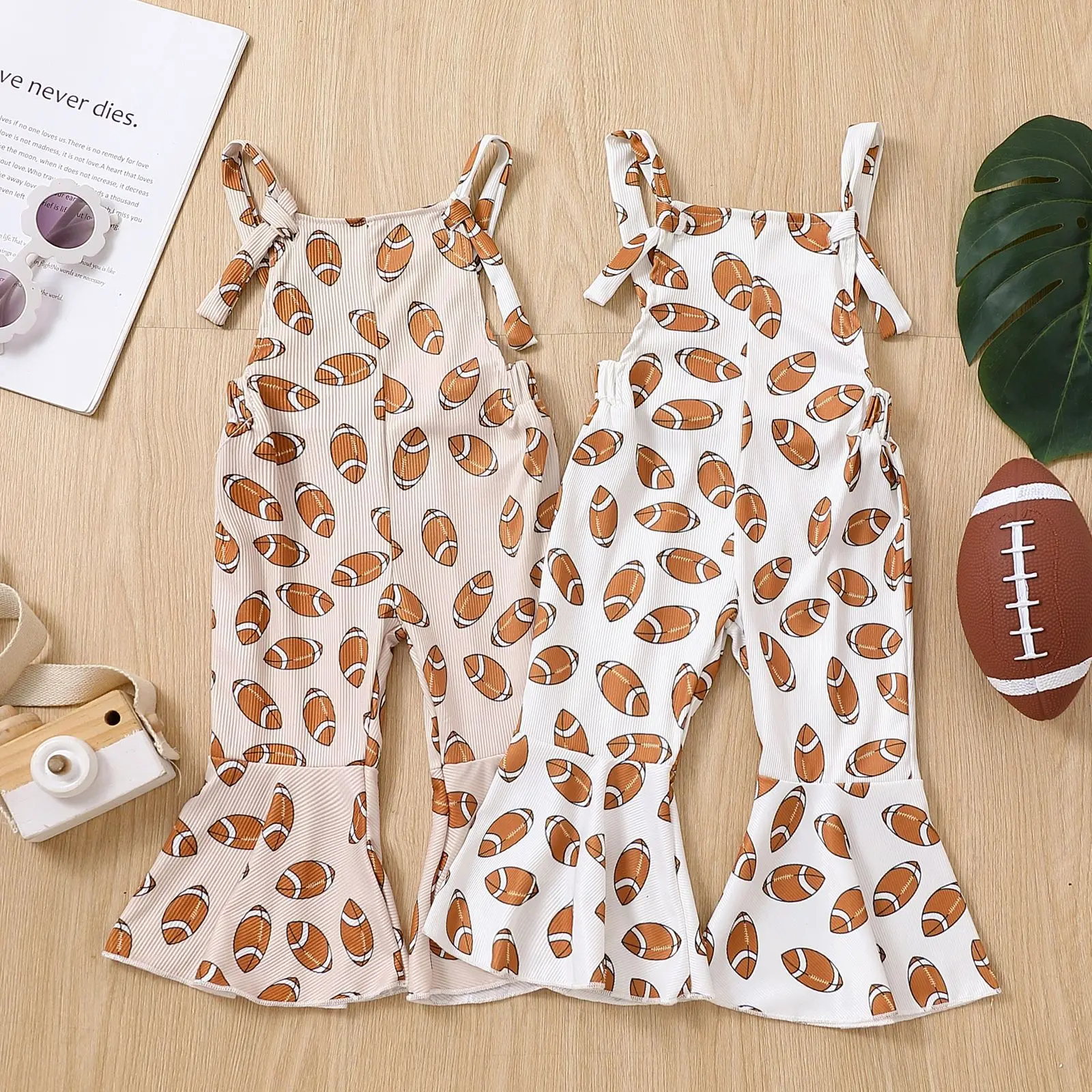 

0-4Years Toddler Girl Strap Jumpsuit Sleeveless Backless Football Tuhby Print Romper Bell-Bottoms Romper