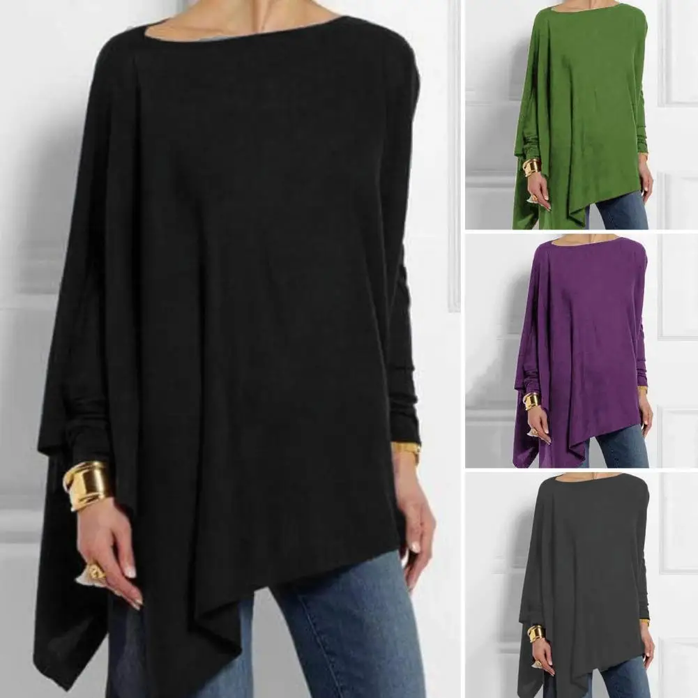 Camiseta de manga larga con cuello redondo para mujer, ropa de calle informal de Color sólido, dobladillo Irregular, jersey de longitud media, Top