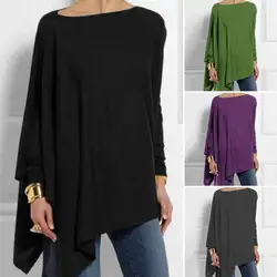 Długi rękaw z okrągłym dekoltem w jednolitym kolorze jesienna koszulka damska na co dzień nieregularne brzegi pulower średniej długości najlepszy Streetwear