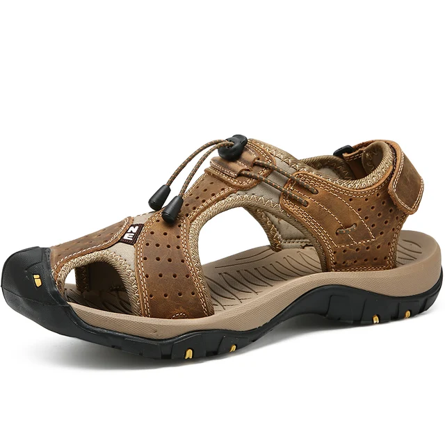 Sandales d'été en cuir véritable pour hommes, chaussures de plage d'extérieur confortables, grande taille, style décontracté romain 1