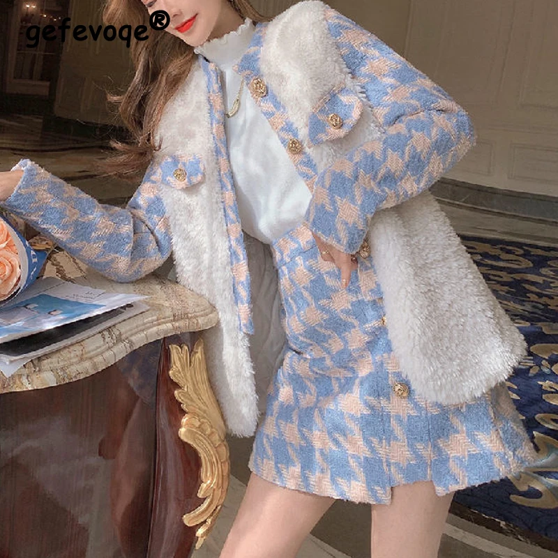 Two Piece Set for Women Autumn Winter Korean Vintage Houndstooth Elegant Jacket Luxury Lamb Wool Chic Coat High Waist Slim Skirt 2023 autumn and winter new women coat plus velvet thickened parka fashion outcoat warm lamb wool outwear loose jacket