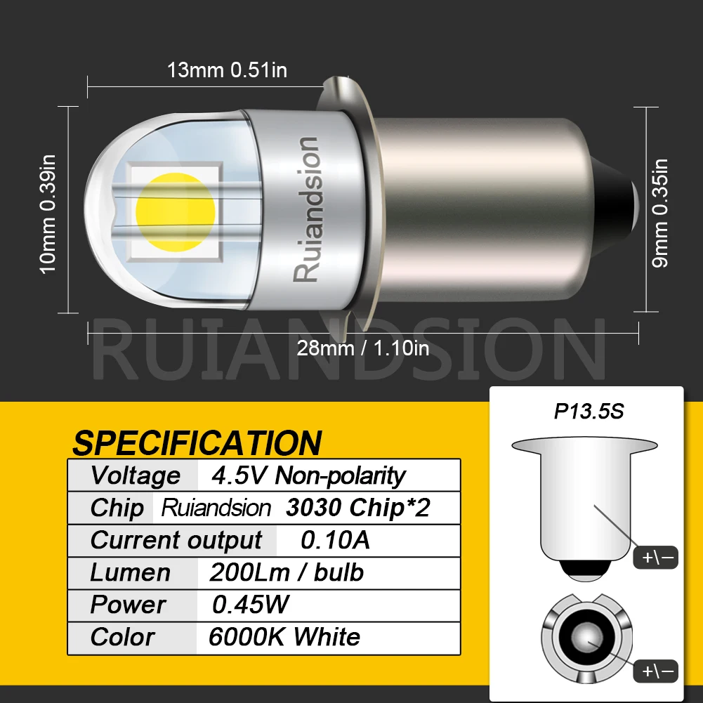 4pcs Ruiandsion P13.5S LED Bulb 3V 4.5V 6V 12V 24V Non Polarity 3030 2Chips Torch Lantern Work Light White Warm White led lights led bulbs