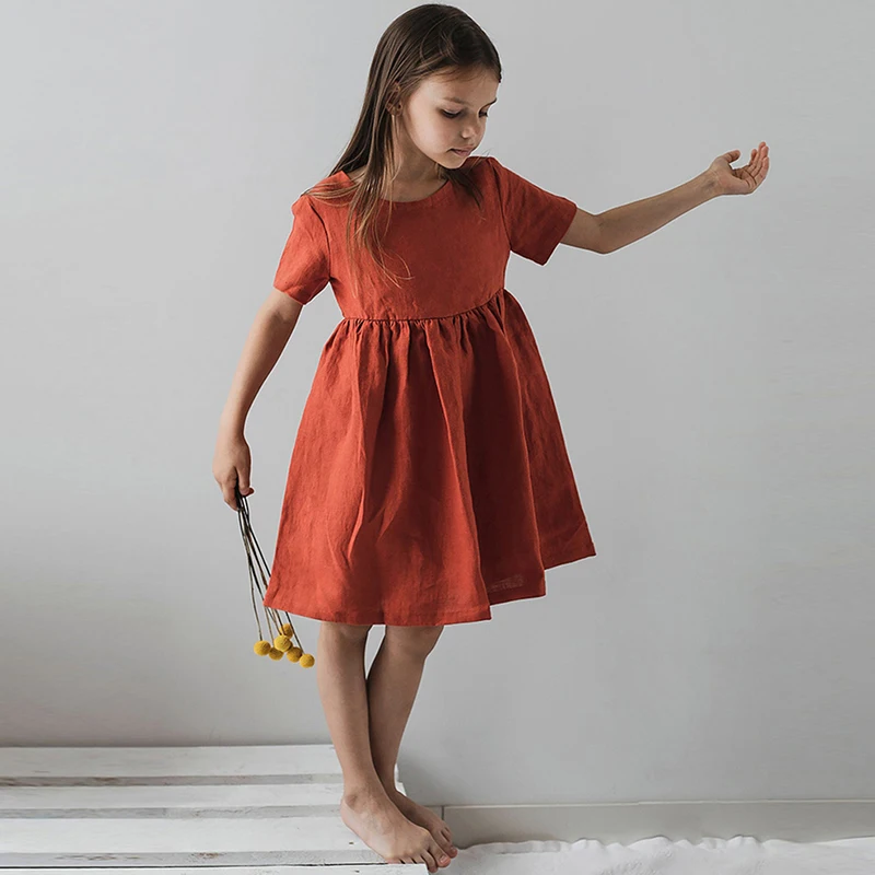 2024 Estate Nuova Ragazza Vestito Di Lino Retrò Letterario Cotone E Lino A Maniche Corte Abiti Pieghettati Abbigliamento Per Bambini