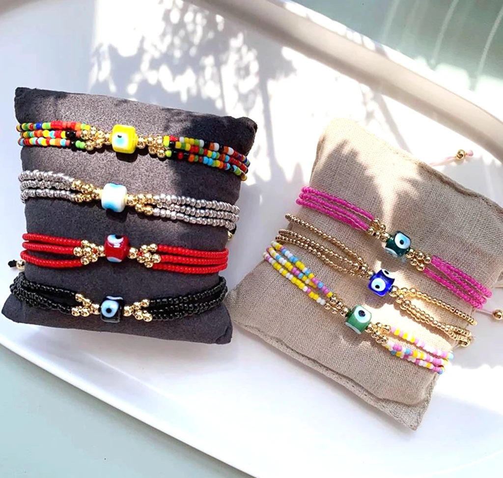 

8Pcs Turkish Eyes Bracelet for Women Jewelry Boho Style Multicolor Seed Beads Bracelets Lucky Eye Adjustable Bracelets