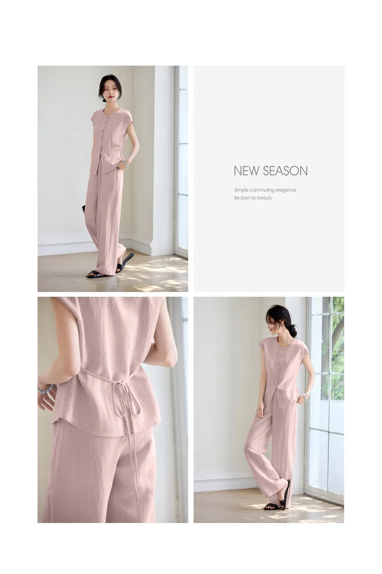SENTUBILA Women's Linen Trouser Suit Summer Two Pieces Matching Set Women Button Shirt Straight Pant Sets 2026 Outfits 152ZA0094