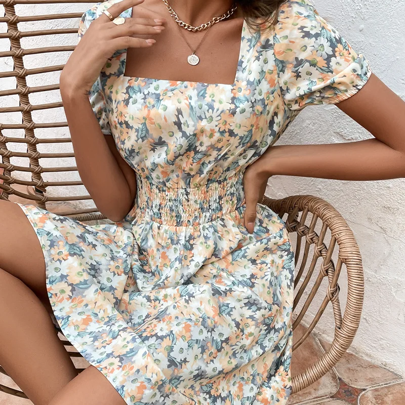 

2022 Summer Women Sexy Square Neck Short Sleeves Cinched Waist Show Thin Floral Dress