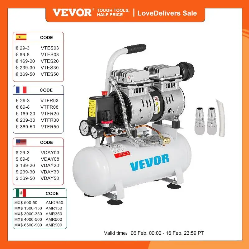 Vevor Compressore D'Aria Senza Olio Pressione 8 Bar Capacità Di Serbatoio Da 9 Litri Compressore D'Aria Compressore Da 550 W Senza Olio Con Motore In 