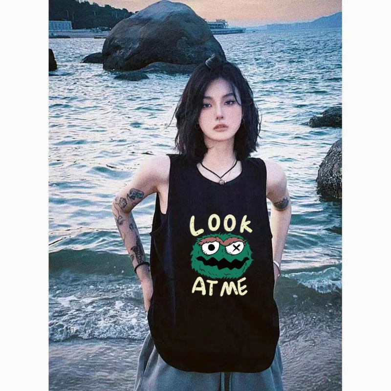

Vintage Y2K Cotton Sleeveless Women T-shirt Cartoon Pattern Tank Top Young Girl Summer Casual Harajuku Ins Street Clothes