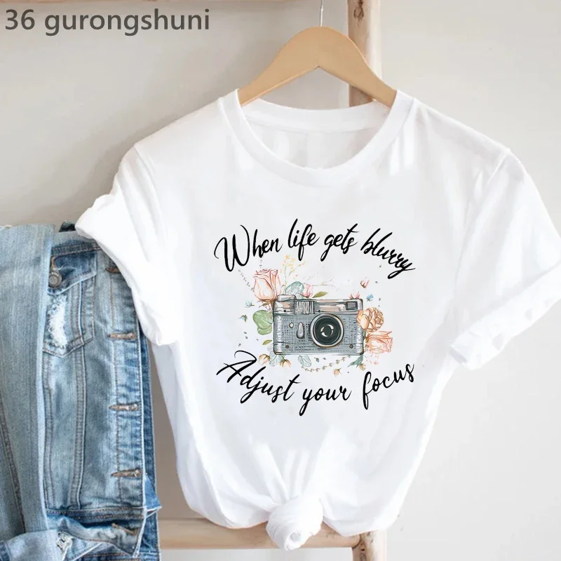 Vintage T-Shirt Women Camera Bird Tshirt Femme Summer Fashion Short Sleeve T Shirt Female Casual Hipster Tshirt Female Tops