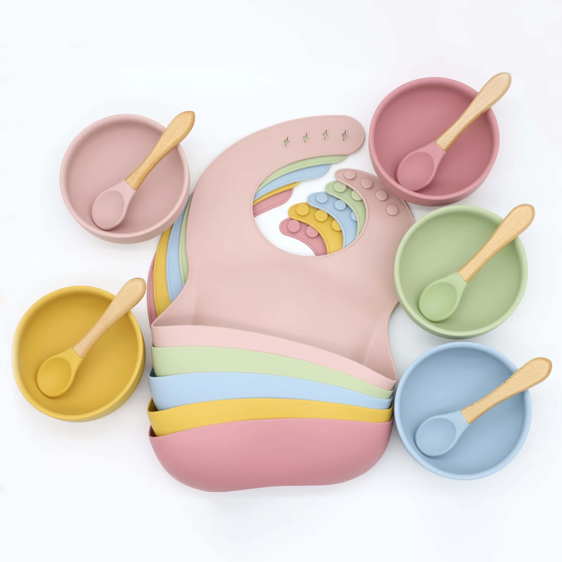 Silicone bib ventosa tigela redonda lidar com colher de madeira conjunto treinamento alimentar complementar conjunto de utensílios de mesa de