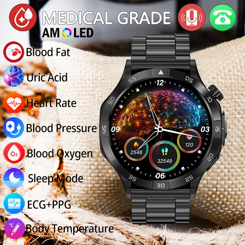 Ai Diagnosi Ausiliaria Smart Watch Men Blood Sugar Blood Lipid Acido Urico Health Monitor Ecg + Ppg Amoled Bluetooth Call Smartwatch