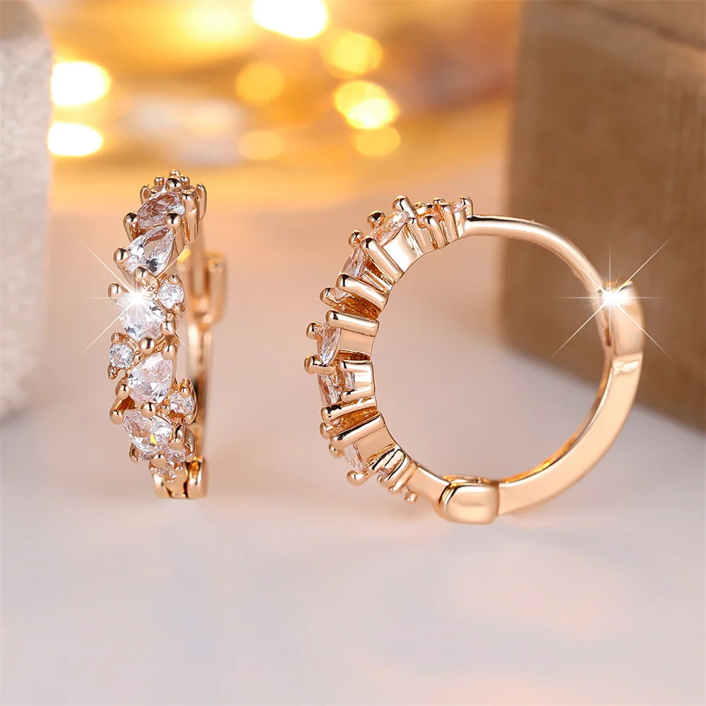 White Zircon Small Water Drop Stone Hoop Earrings For Women Vintage Gold Color Tiny Ear Buckle Wedding Jewelry Mother's Day Gift