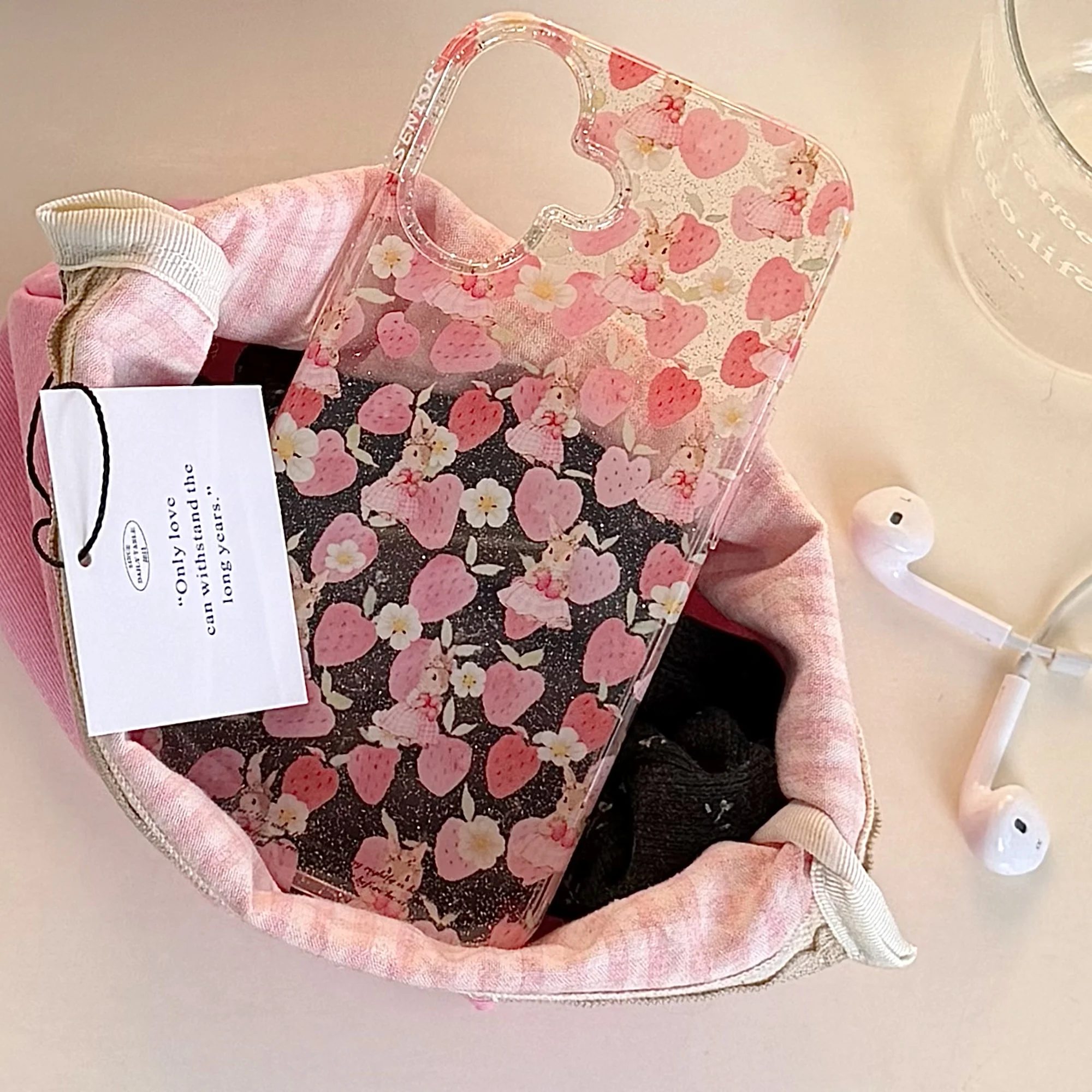 Charming Beaded Lanyard with Strawberry & Bunny Design - Sweet Clear Phone Case Back Cover