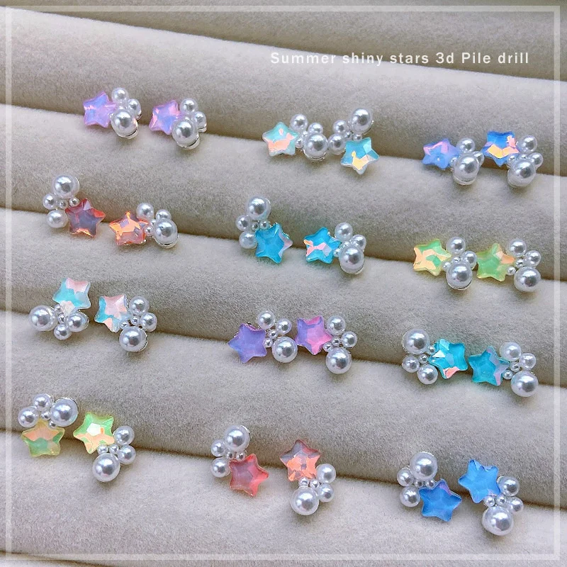 

10pcs Glitter Crystal Pentagram Nail Art Decorations 3D Kawaii Macaron Pearl Rhinestones Star Nail Charms DIY Manicure Accessory