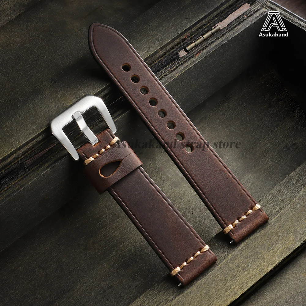 Vintage Crazy Horse Oil Wax Leather Watch Strap with Pin Buckle - Universal Men's Accessory
