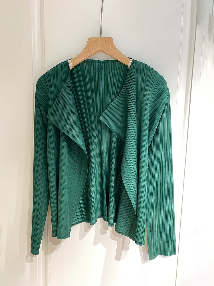 Miyake Pleats Green Blazer Sets 2022 Autumn Winter Cardigan Short Coat Top+Long Straight Leg Pleated Pants Ladies Female Suits