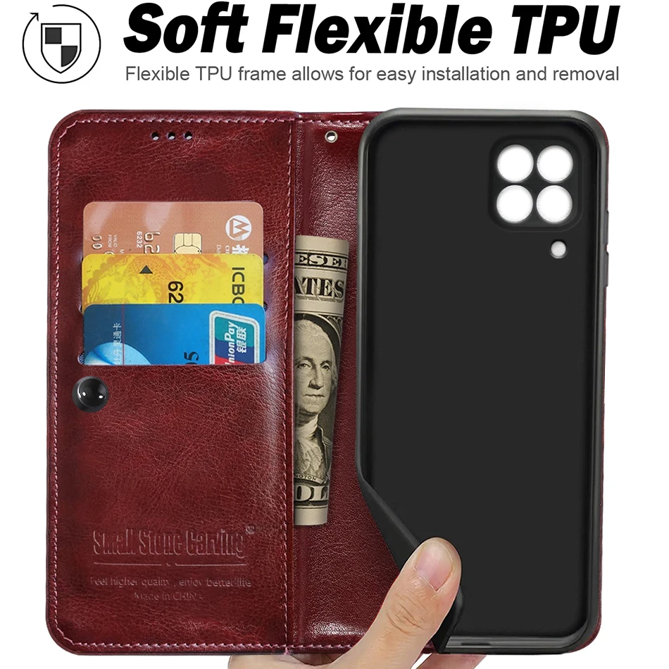 Leather Wallet Book Cover with Card Holder and Stand, Shockproof Flip Phone Case for Samsung Galaxy M33 5G