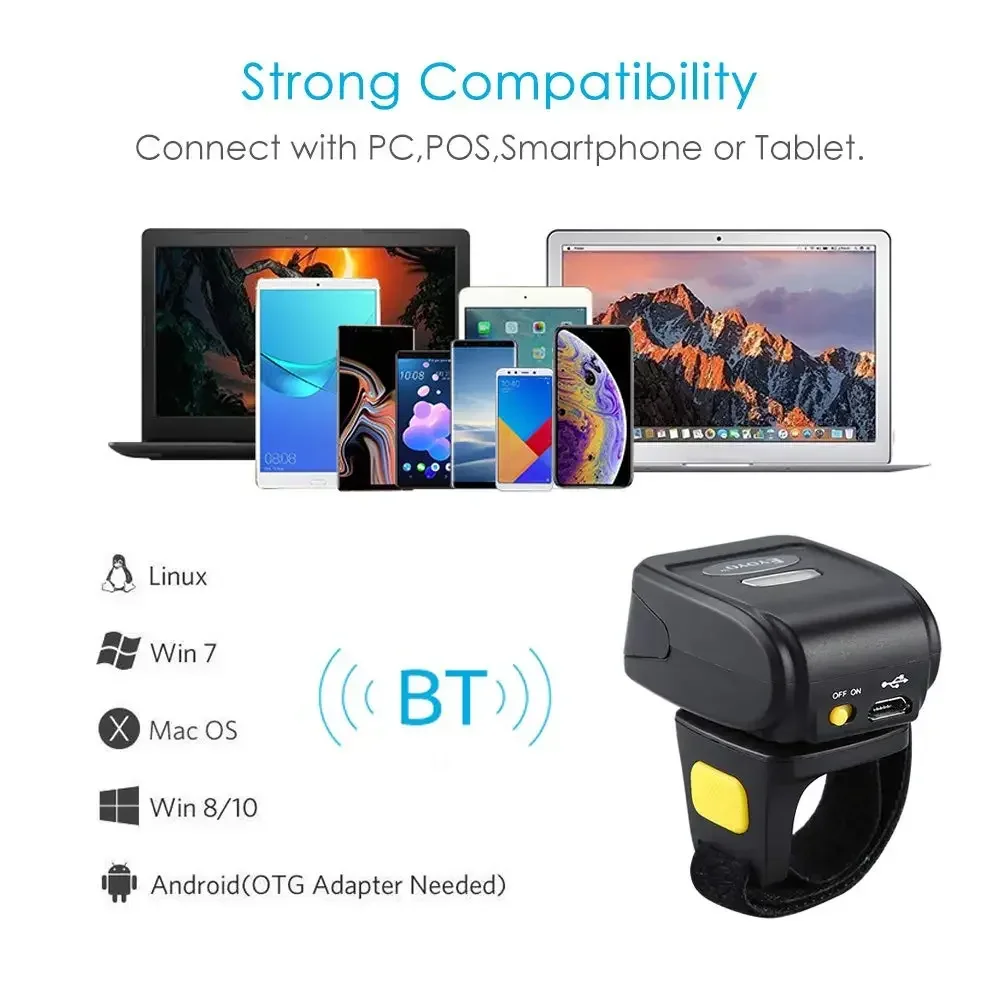 Eyoyo 2D Wearable Ring Barcode Scanner Mini Portable 3-in-1 USB Wired 2.4G Wireless Bluetooth finger scanner iPad iPhone PC