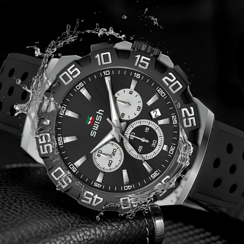 2023 New Sports Wach for Men Military Wristwatch Chronograph Date Rubber Band Waterproof Watches Reloj Hombre Three-eye Dial