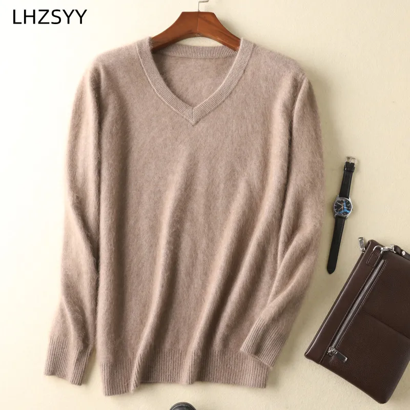LHZSYY Men's 100% Mink Cashmere Large Size Sweaters Autumn Winter Solid V-neck Casual Knit Pullovers Men Long Sleeve Warm Jumper 2